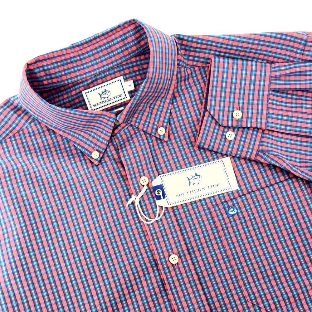 Southern Tide Shirt Mens M Dark Pink Blue New Classic Fit Plaid Cotton 2179